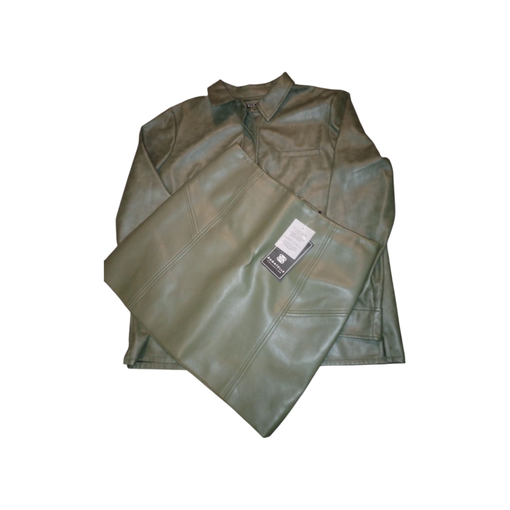 bagatelle Green Faux Leather Shacket & Skirt Set
